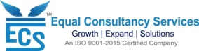 Logo for Equal Consultancy Services (ECS) featuring blue wings and the words 'Growth | Expand | Solutions' with 'An ISO 9001-2015 Certified Company' text beneath.